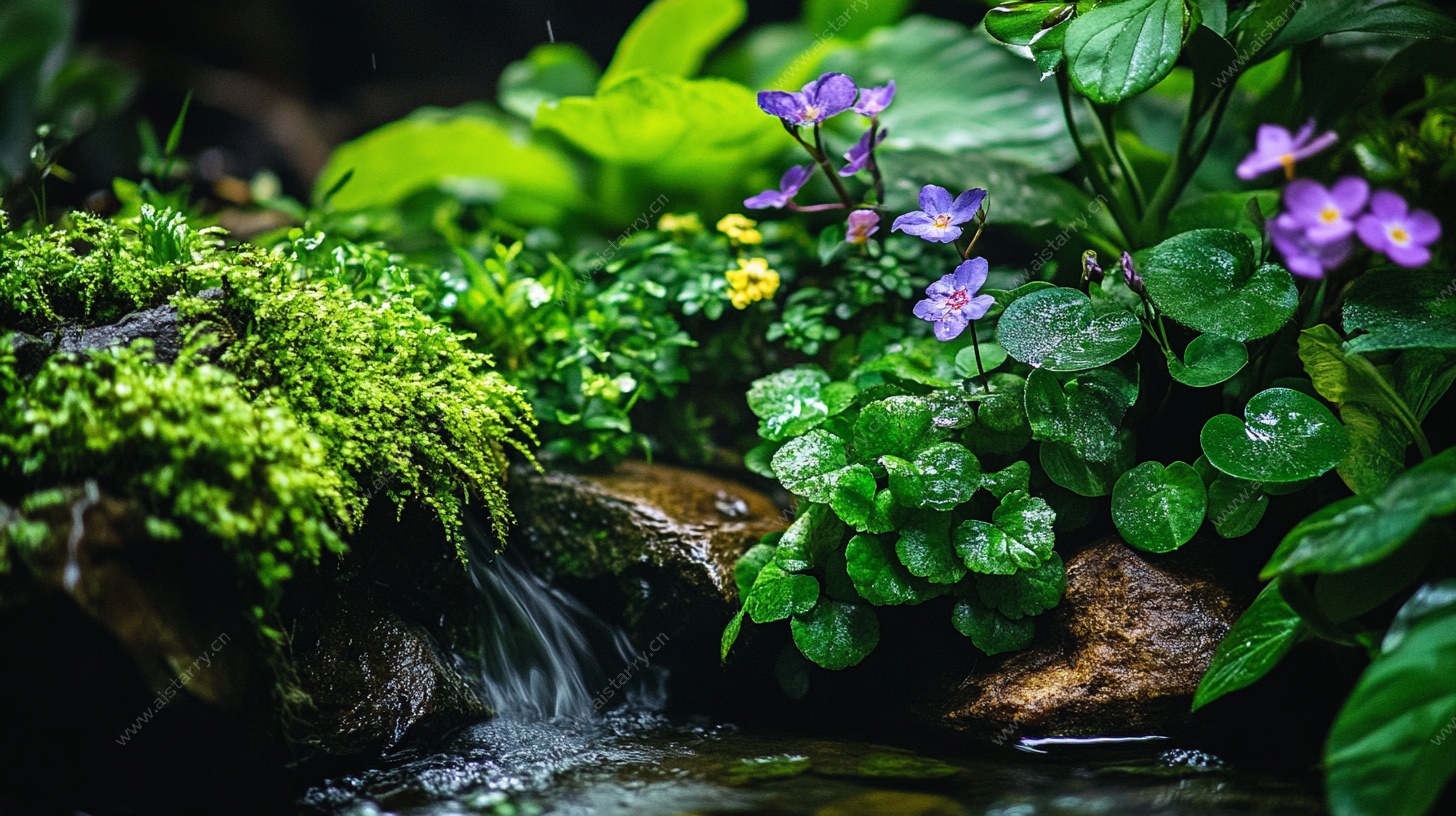 溪边绿植花卉微观美景