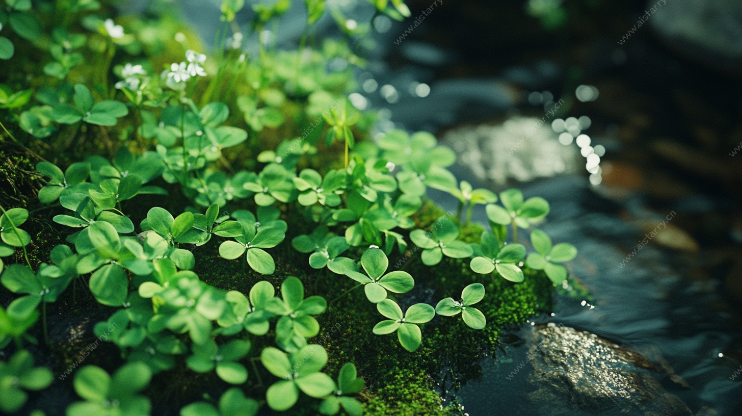 溪边翠绿三叶草美景