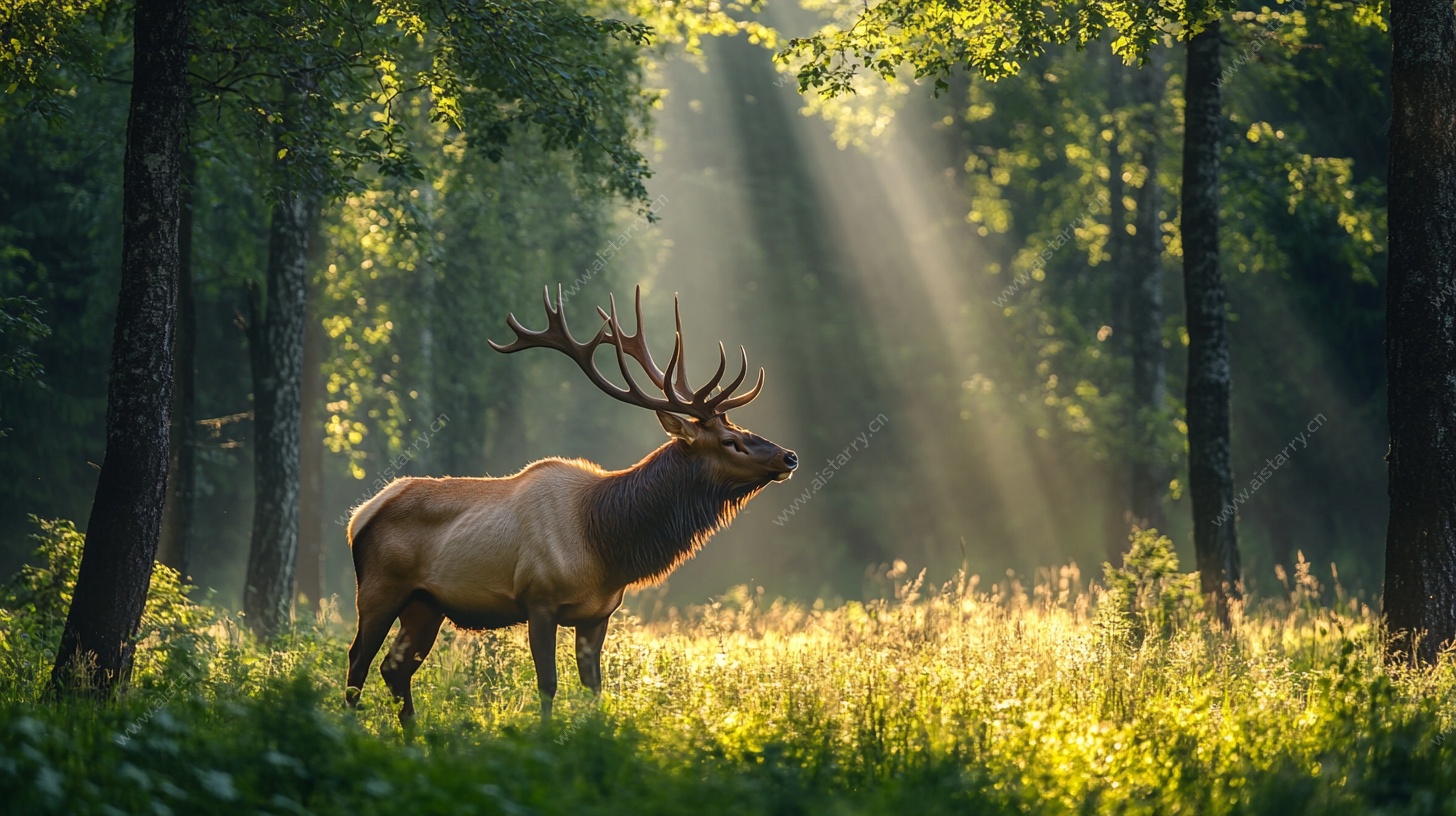 森林中沐浴阳光的雄鹿