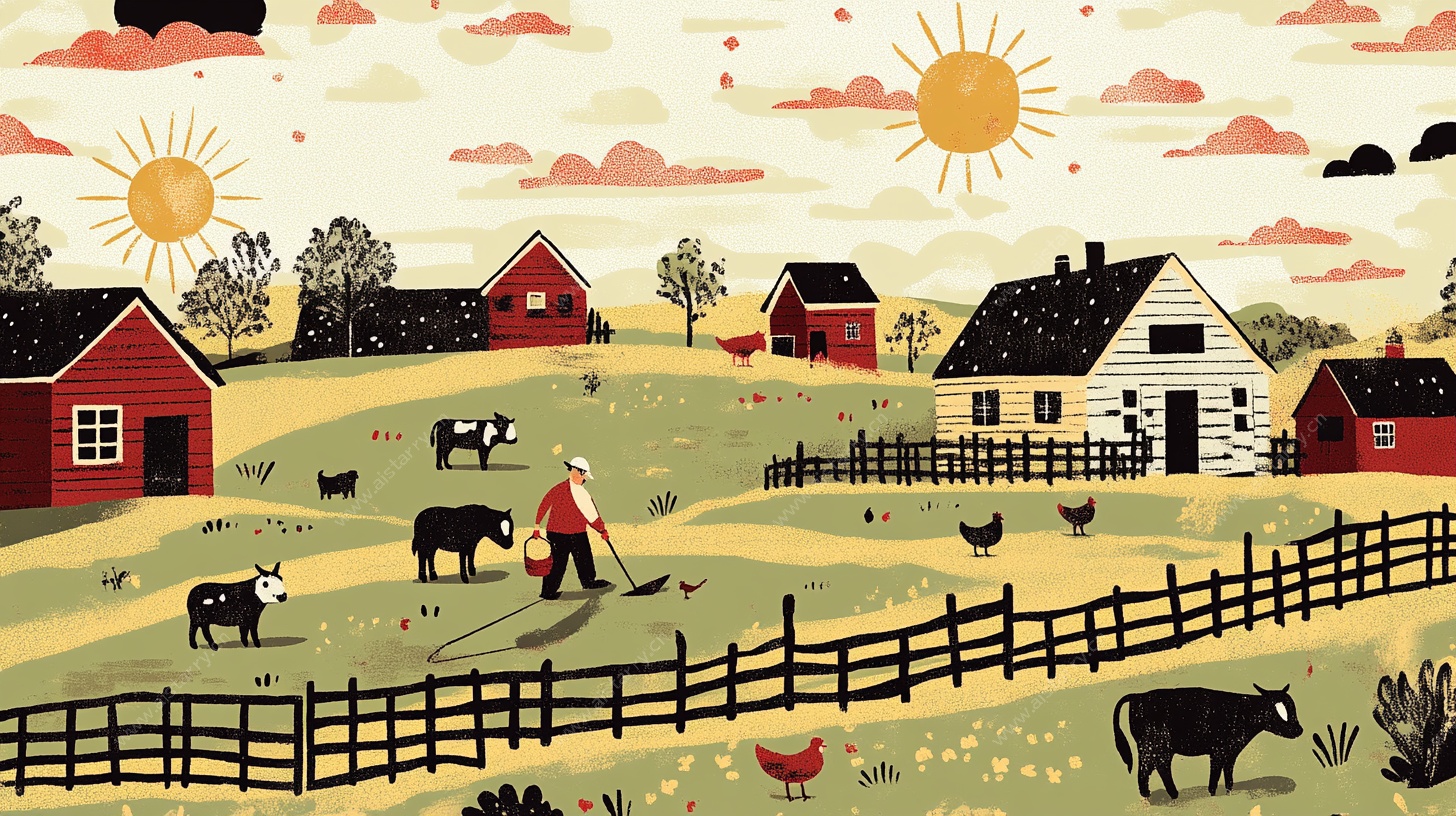 乡村田园生活场景插画