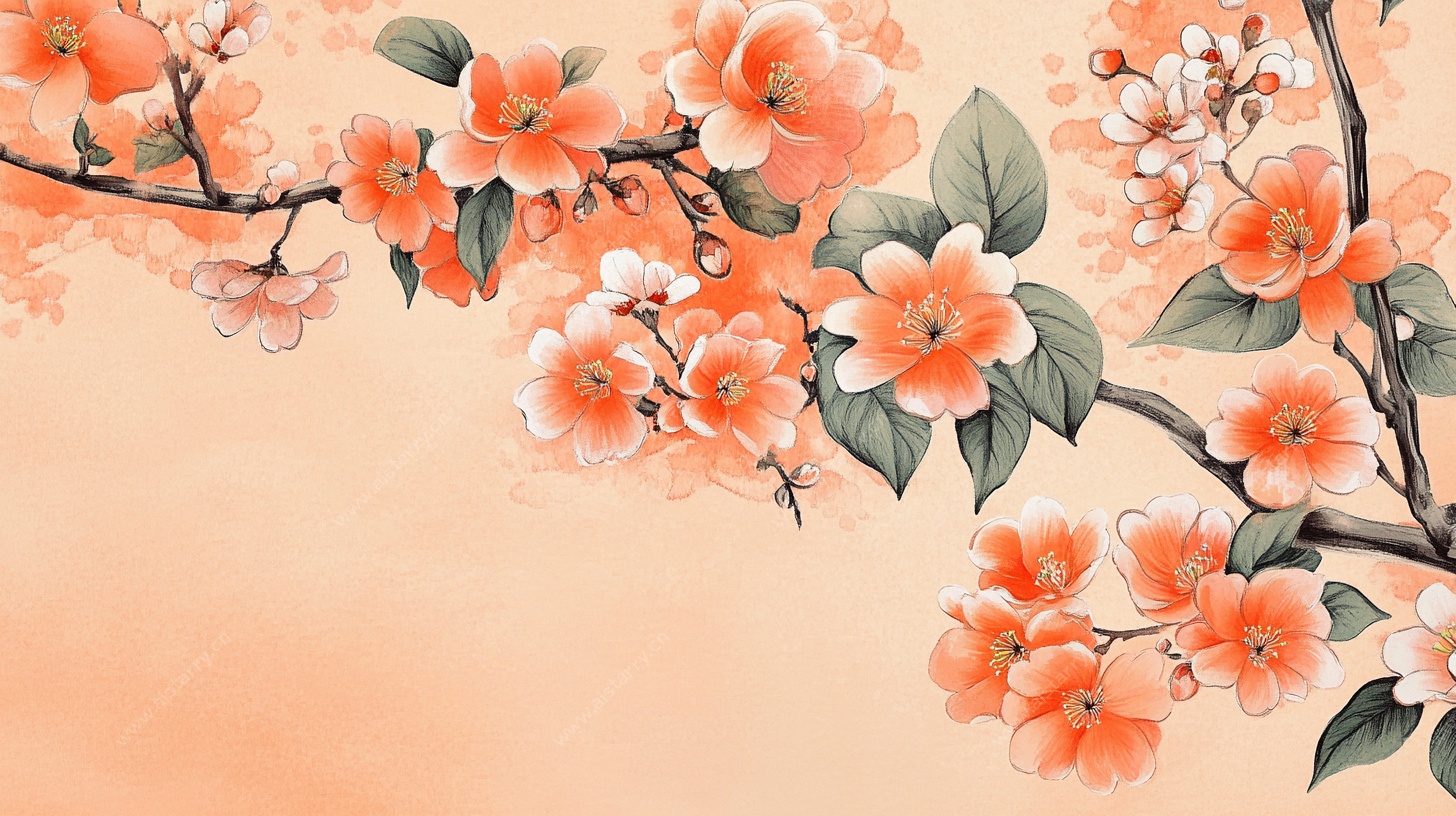 水墨风盛开桃花插画