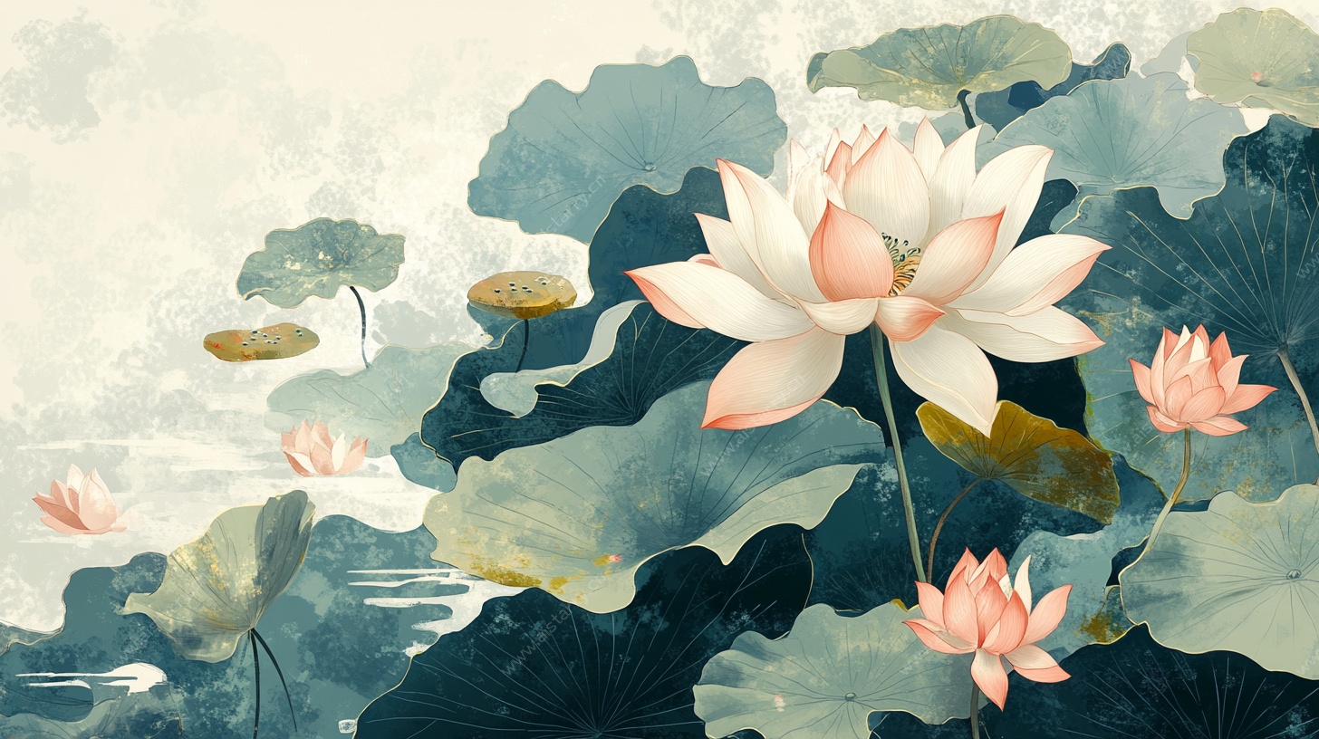 水墨风荷花池塘美景