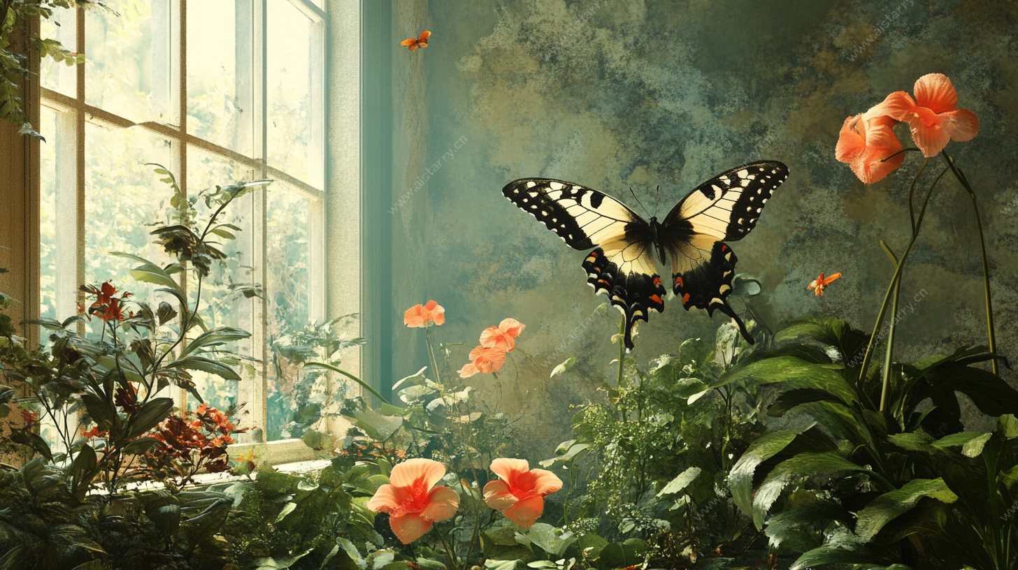 窗边蝶舞花卉梦幻图景