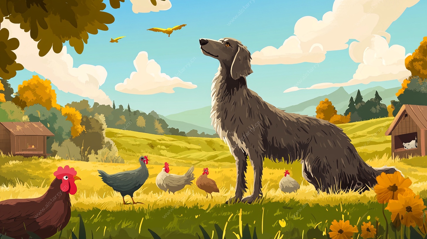 田园中凝望的大狗与鸡群