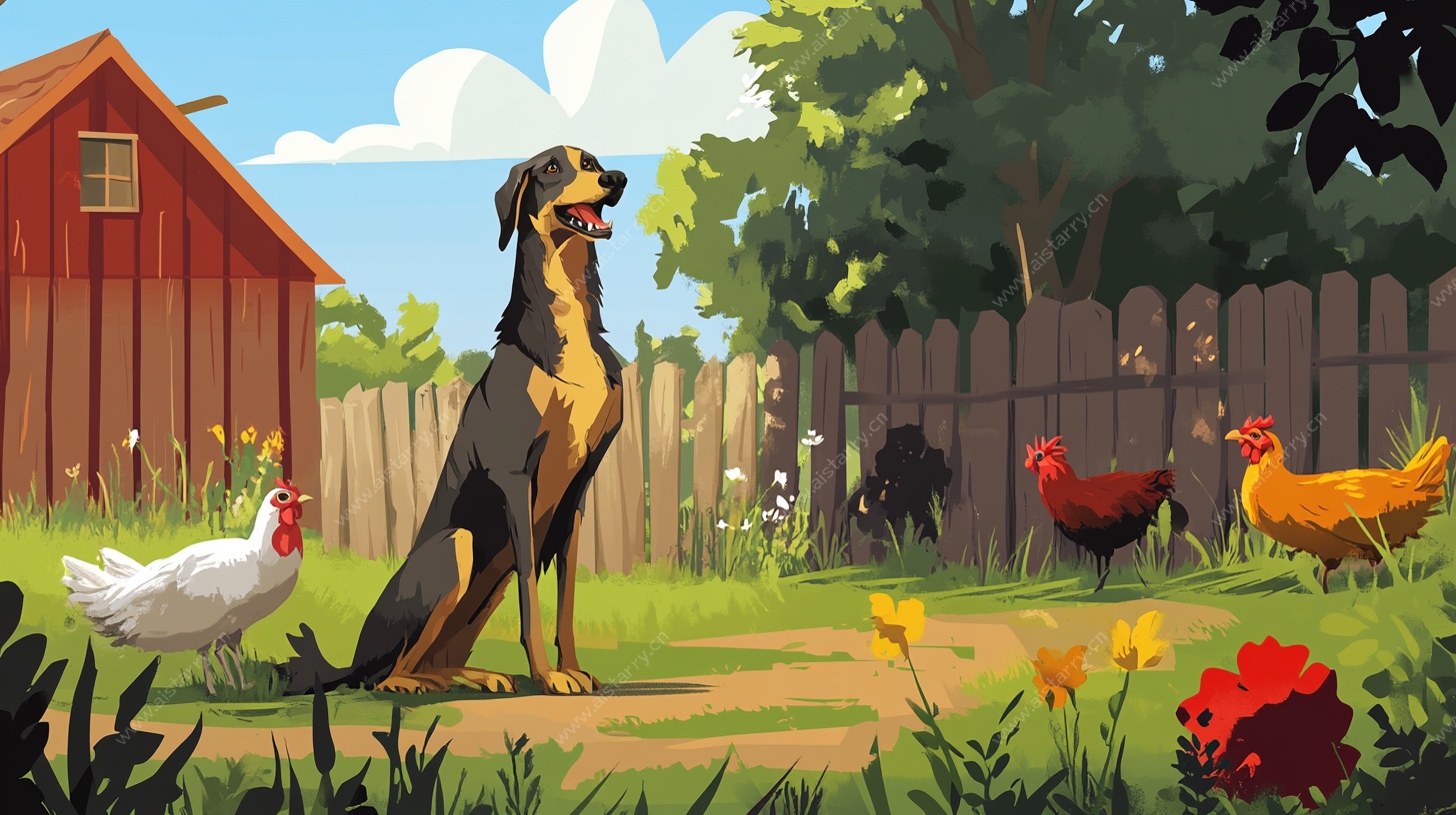 农舍旁的狗狗与鸡群