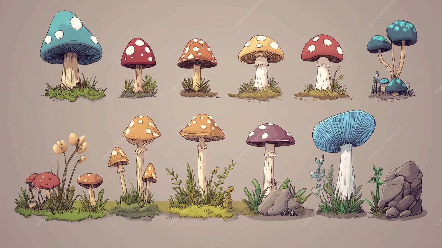 卡通风格多彩蘑菇集合