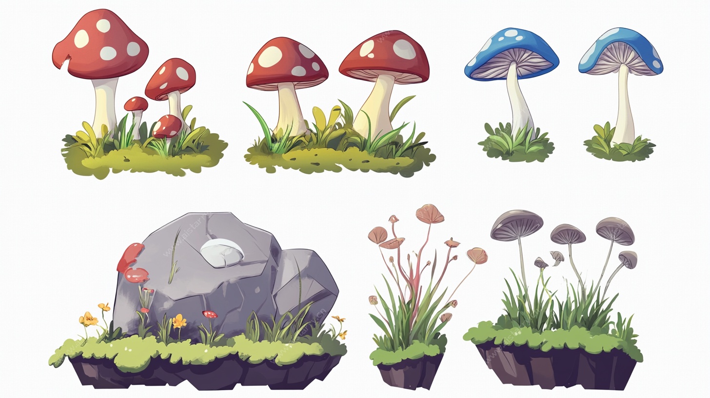 卡通风格蘑菇与岩石植物组图