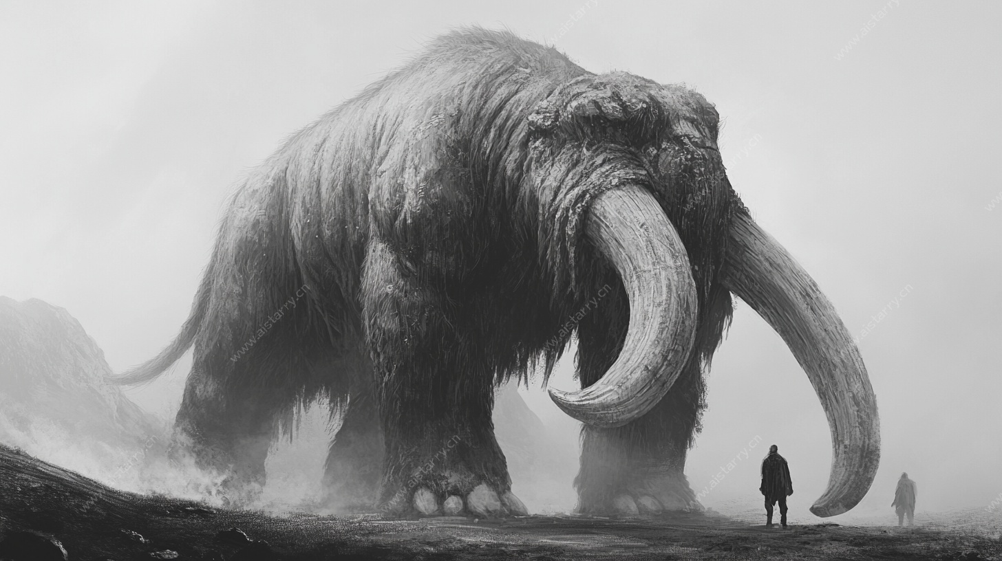 巨大猛犸象前的渺小身影