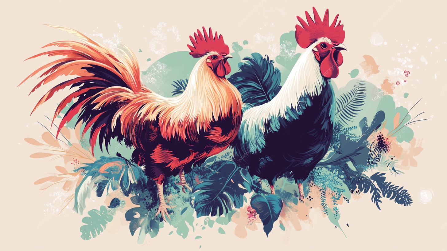 双鸡插画 多彩田园风