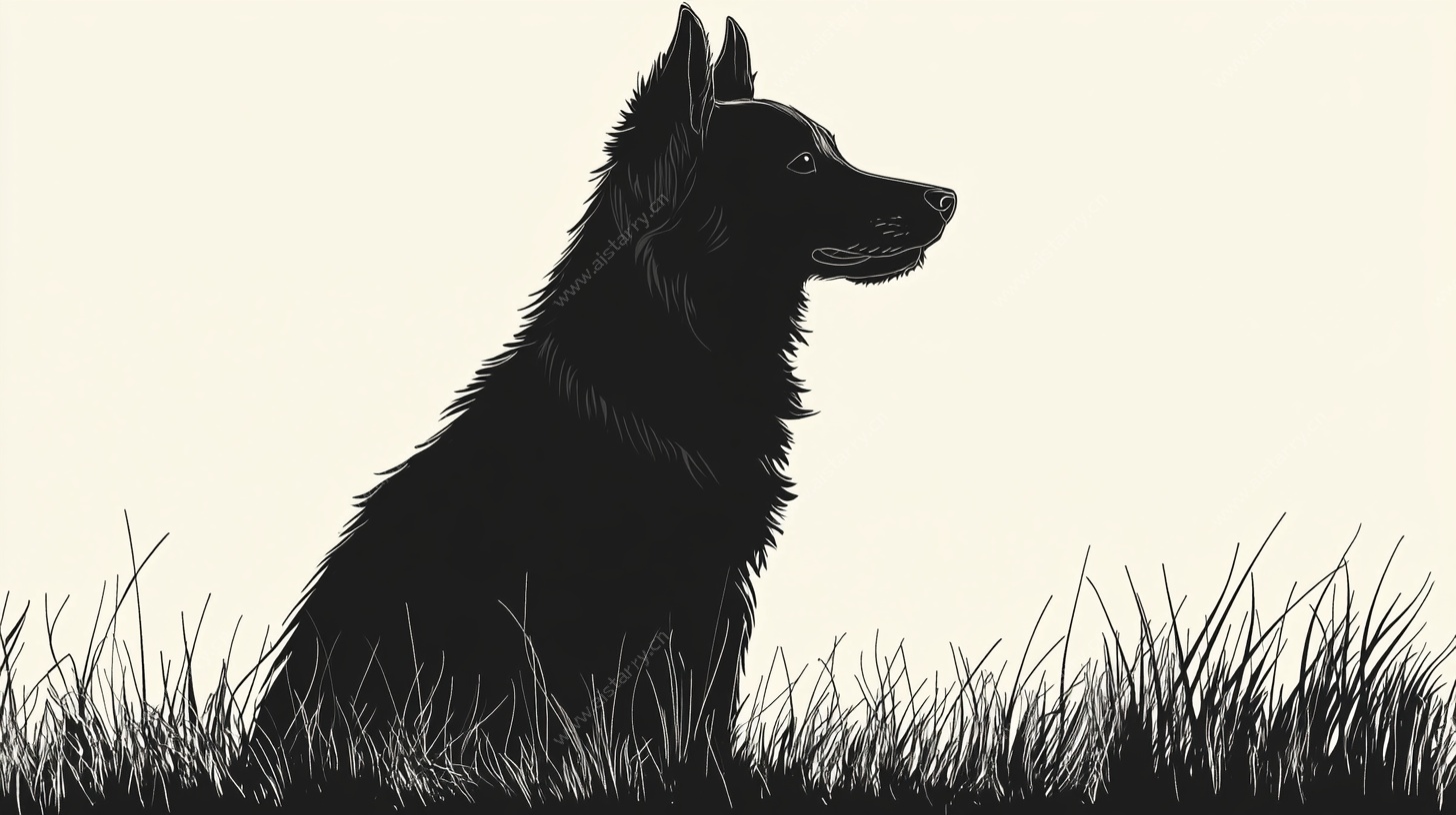 坐于草地的黑狗剪影