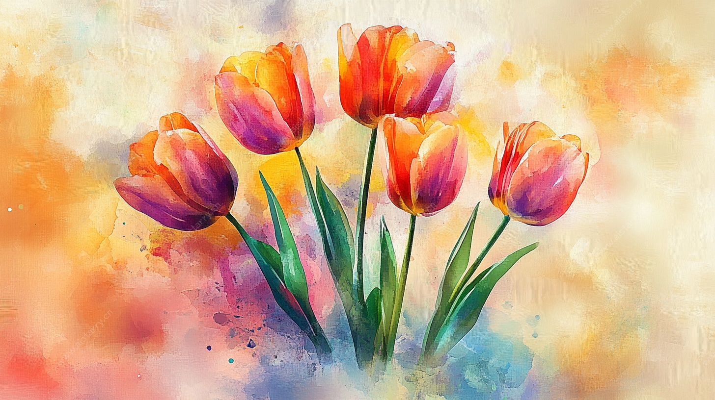 水彩风郁金香花卉画作