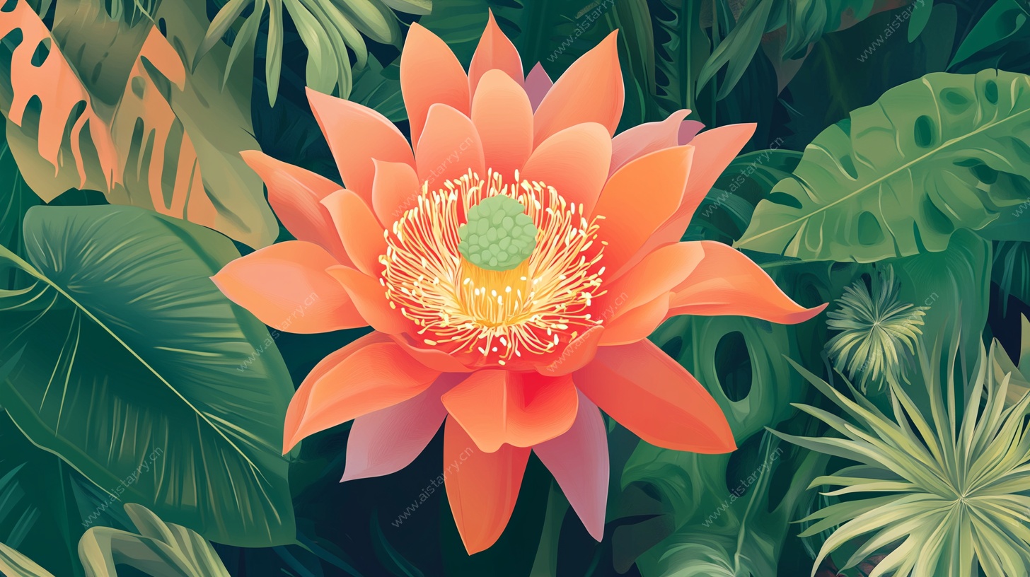 橙红莲花与繁茂绿植