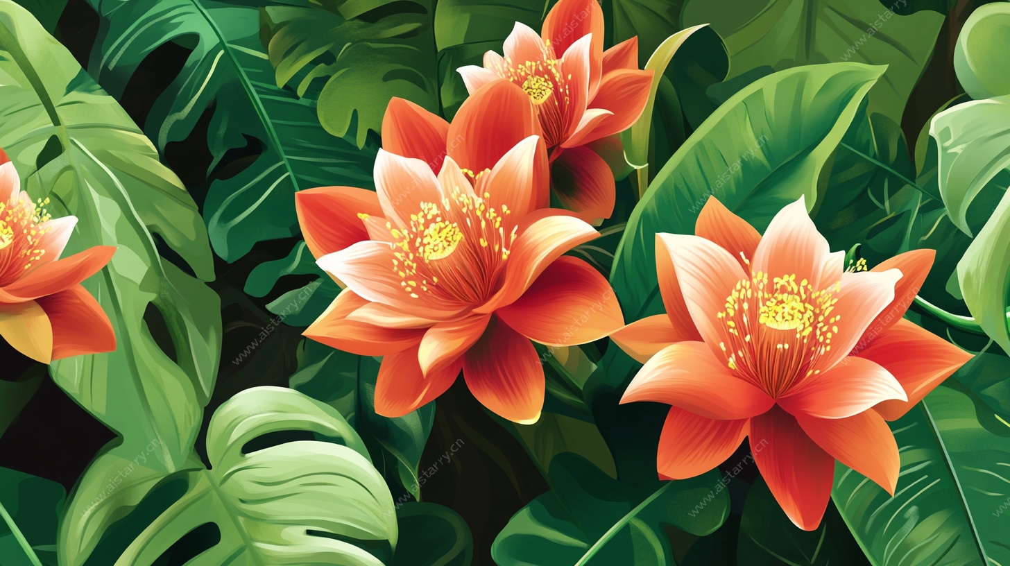 橙红花朵与绿叶插画