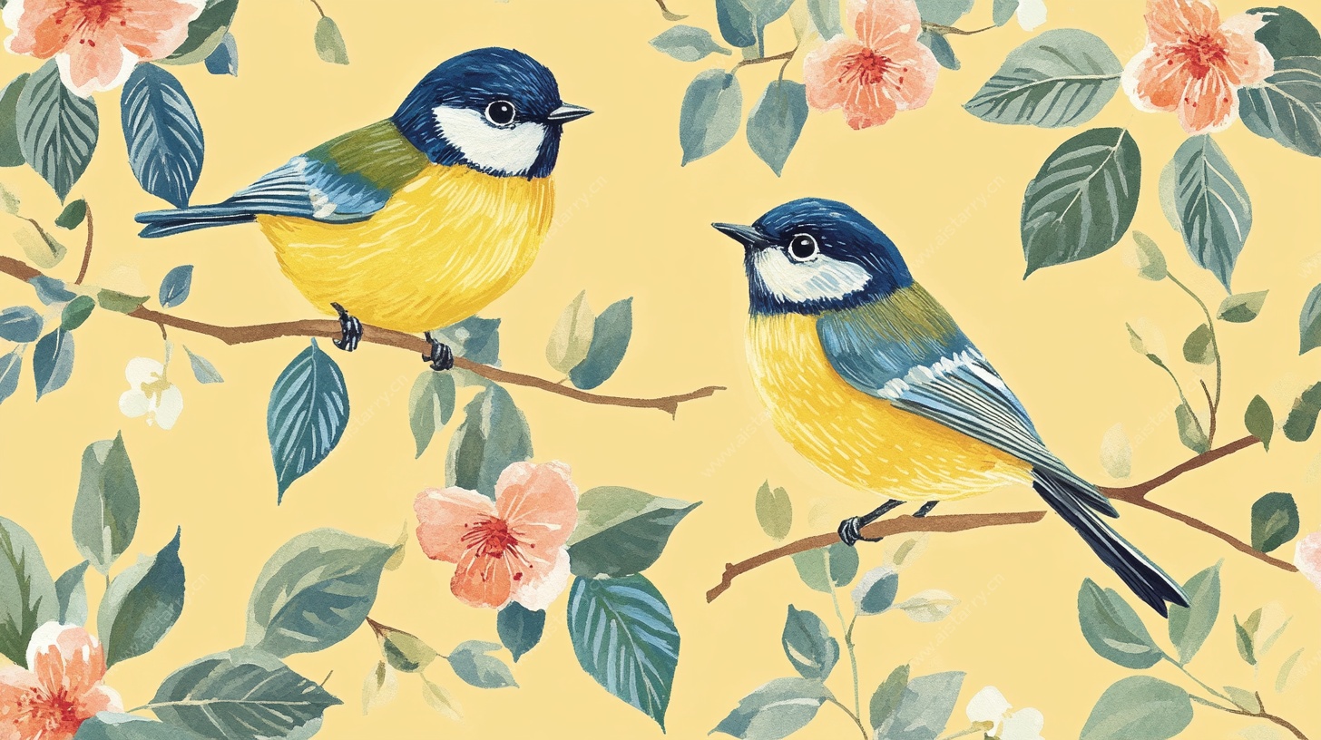 枝头双鸟花卉水彩插画