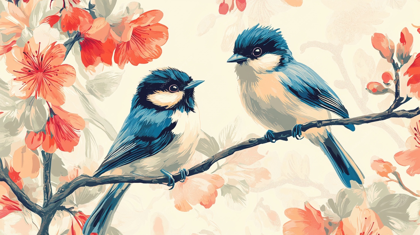 枝头双鸟绘繁花图景