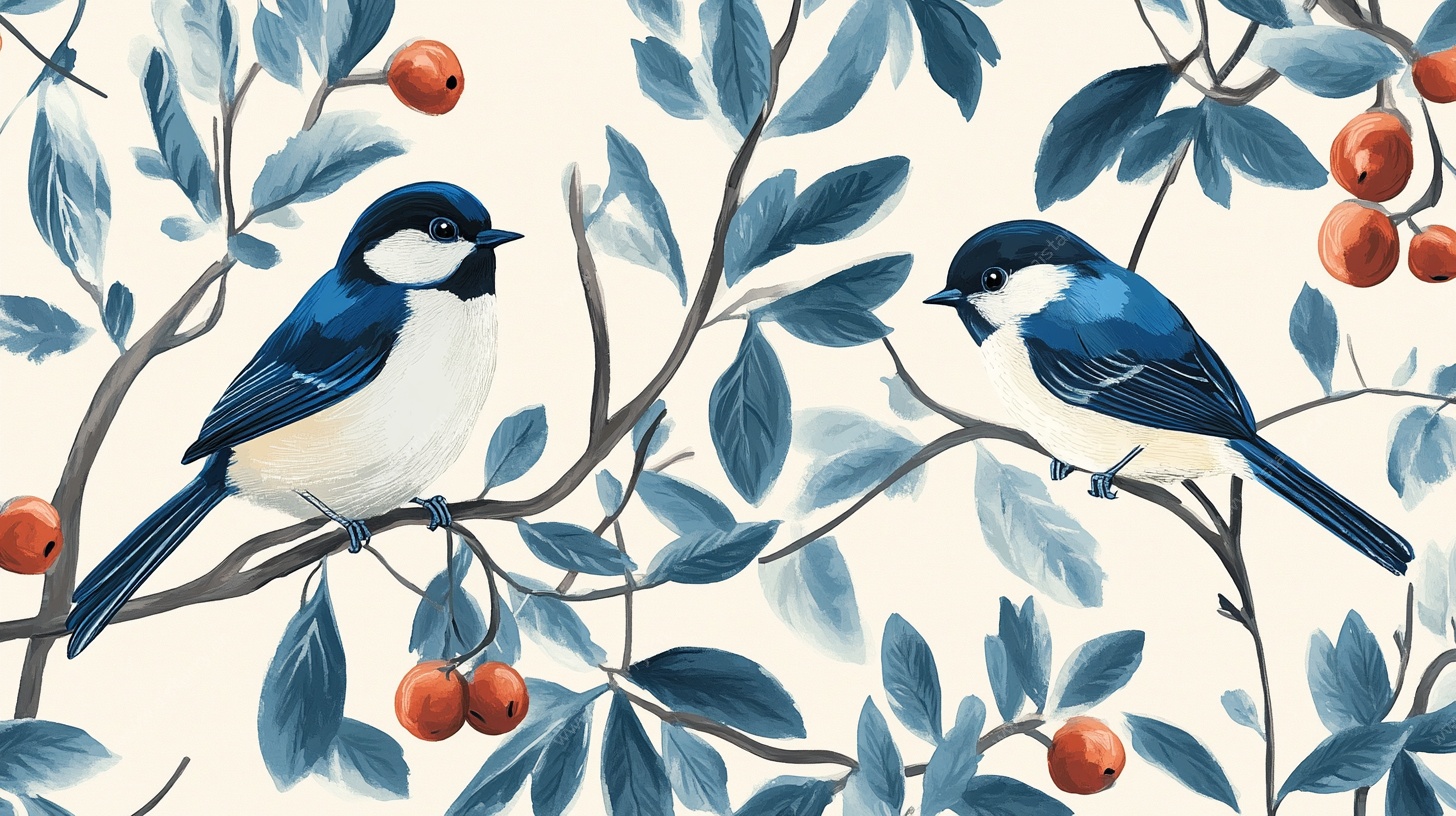 蓝白鸟儿栖于繁花枝头