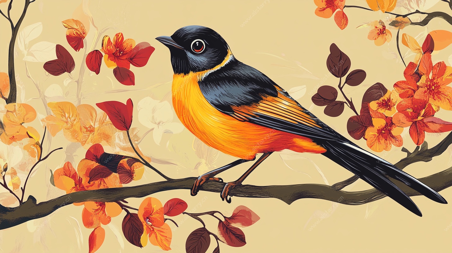 栖息于秋枝的艳丽小鸟