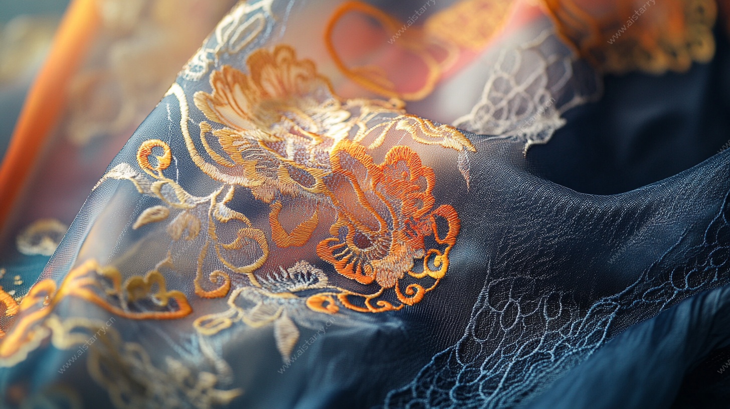 精致刺绣丝绸面料特写