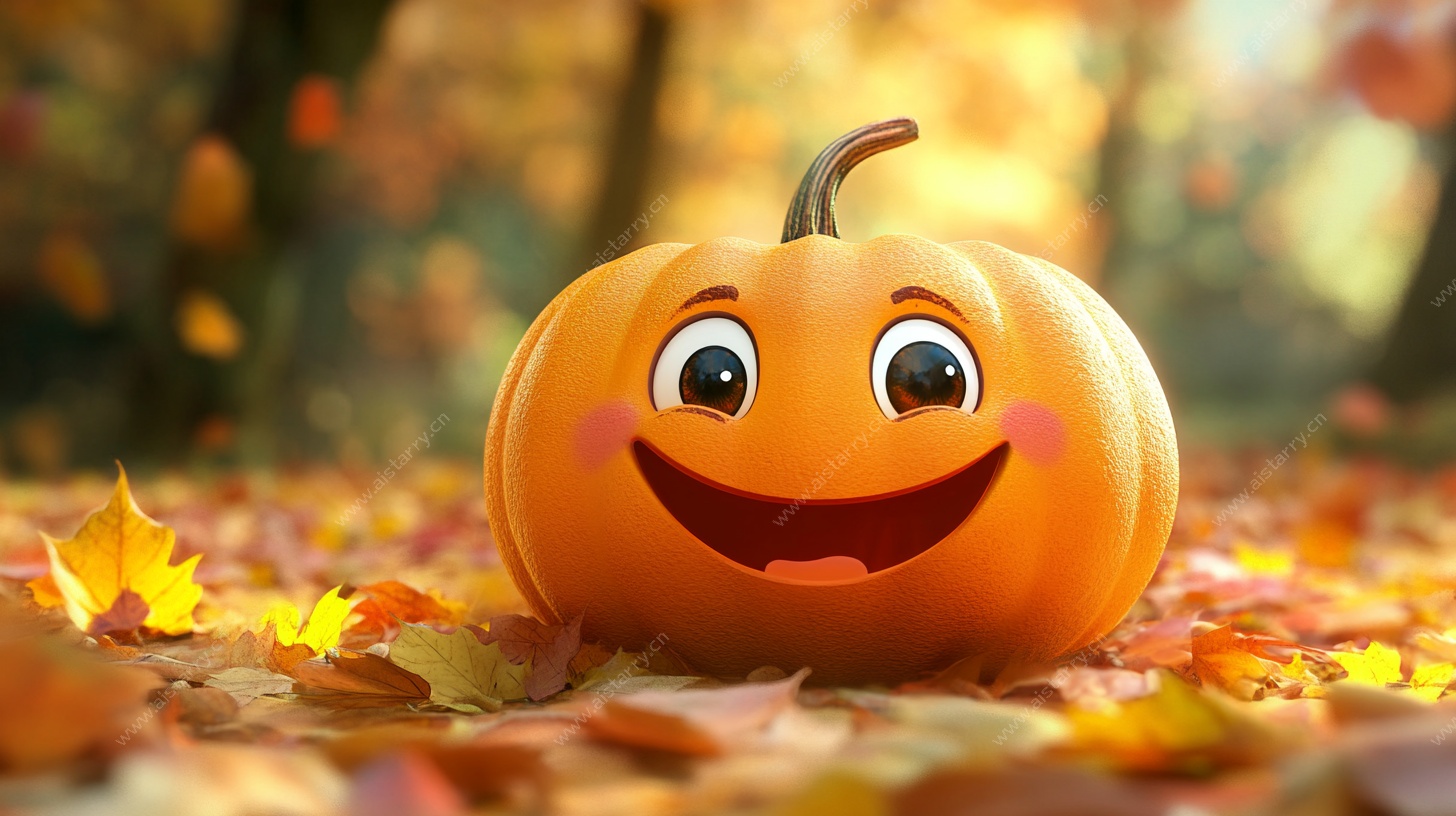 微笑南瓜置身秋日落叶中