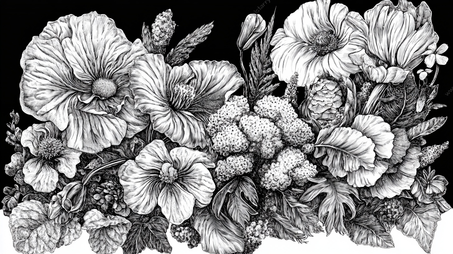 黑白花卉手绘插画