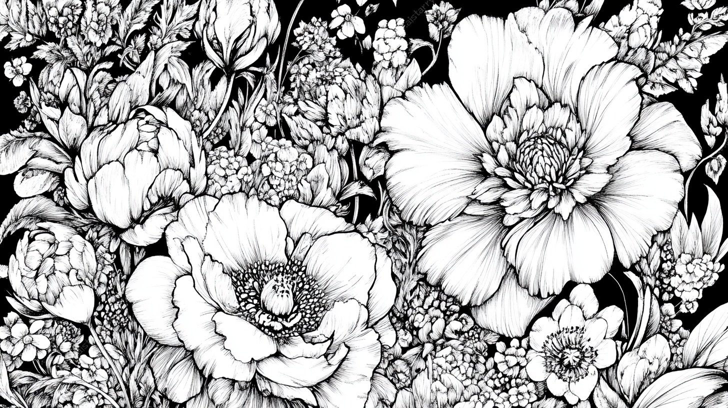 黑白花卉线描图案