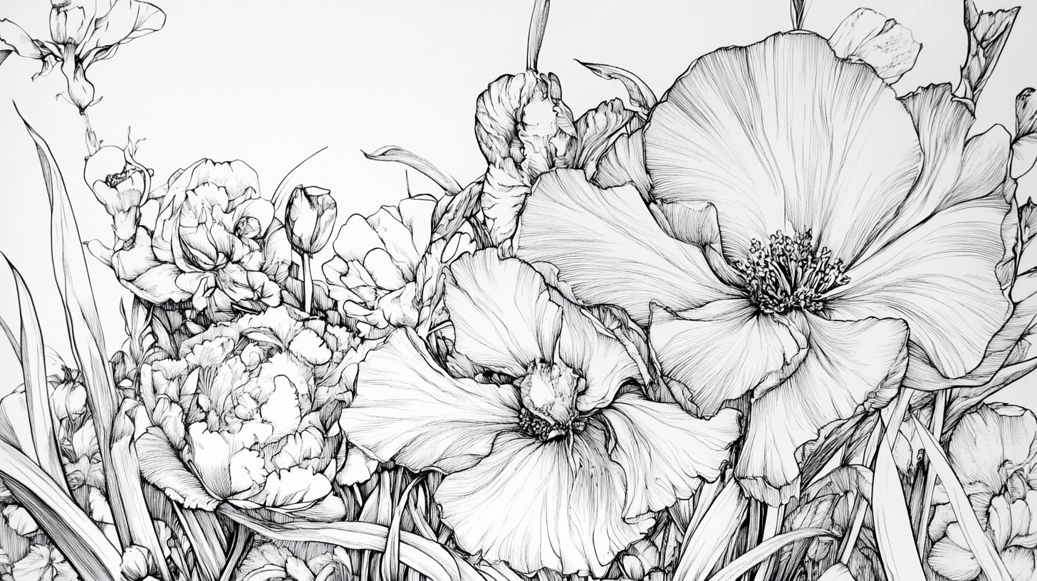 花卉黑白线描插画