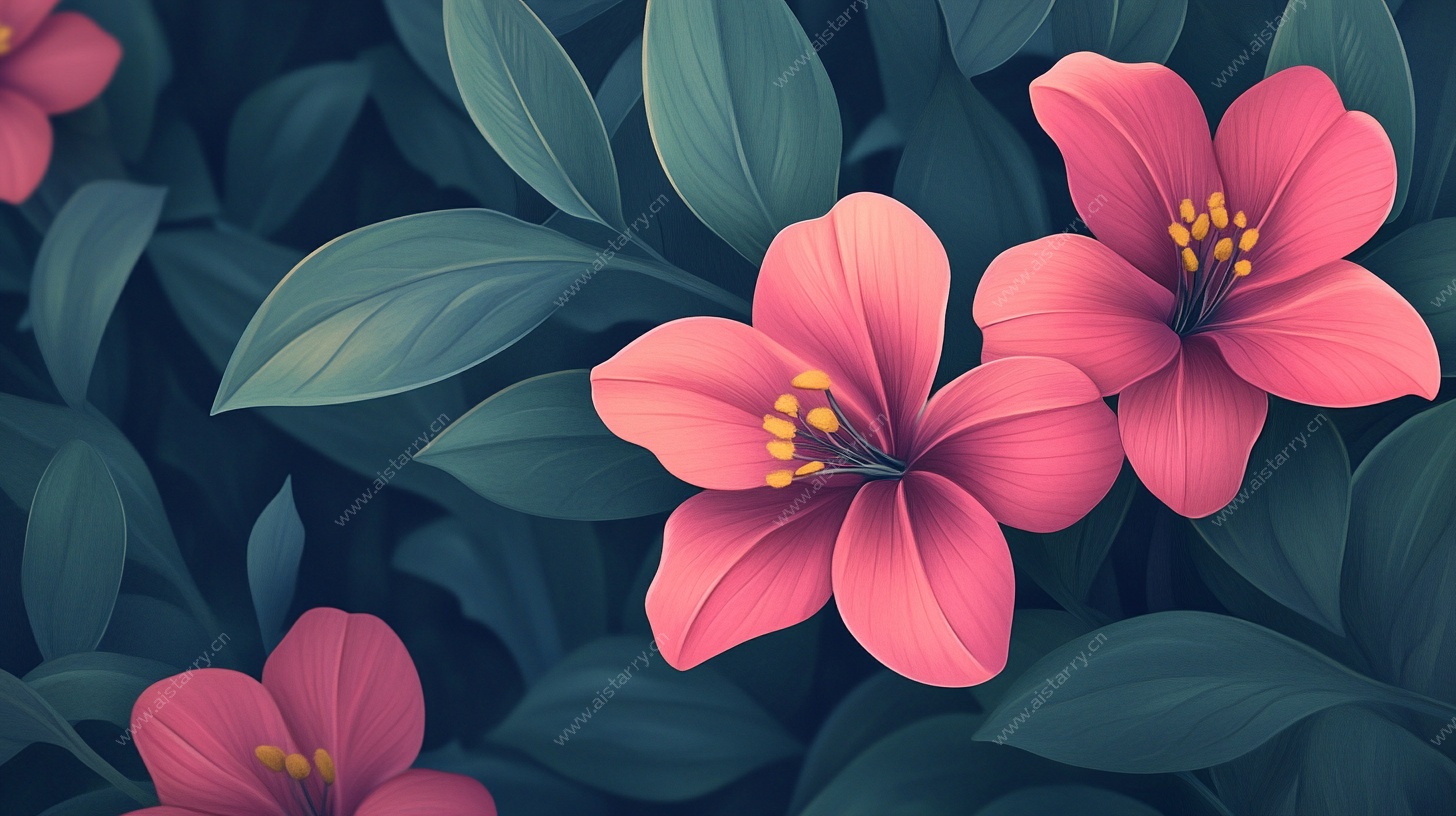 粉色花卉与绿叶插画