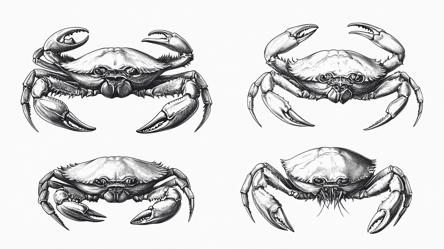 四只螃蟹黑白手绘插画