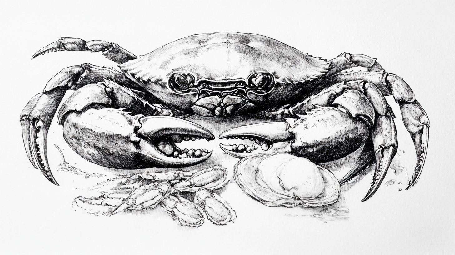 手绘螃蟹与贝类静物图