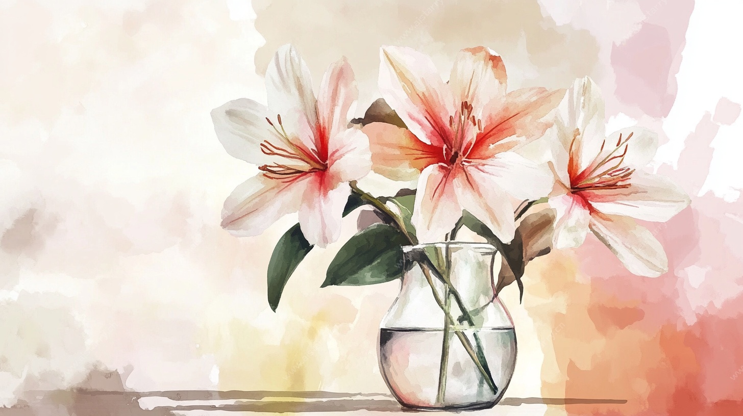 水彩插画风花瓶中的百合花