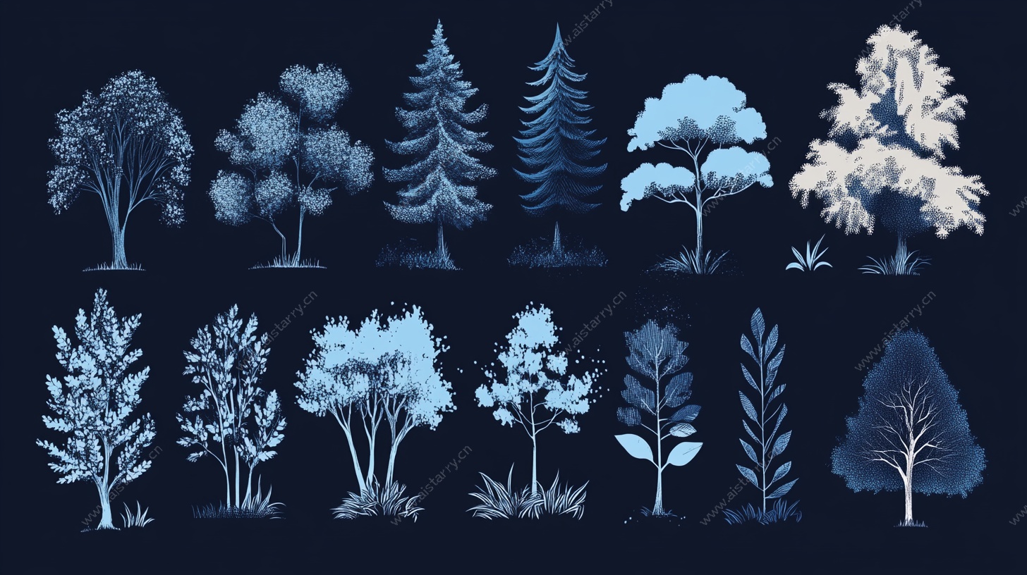 蓝色系树木植物插画