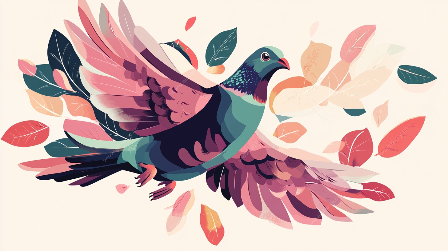 飞翔的彩色鸽子与叶片