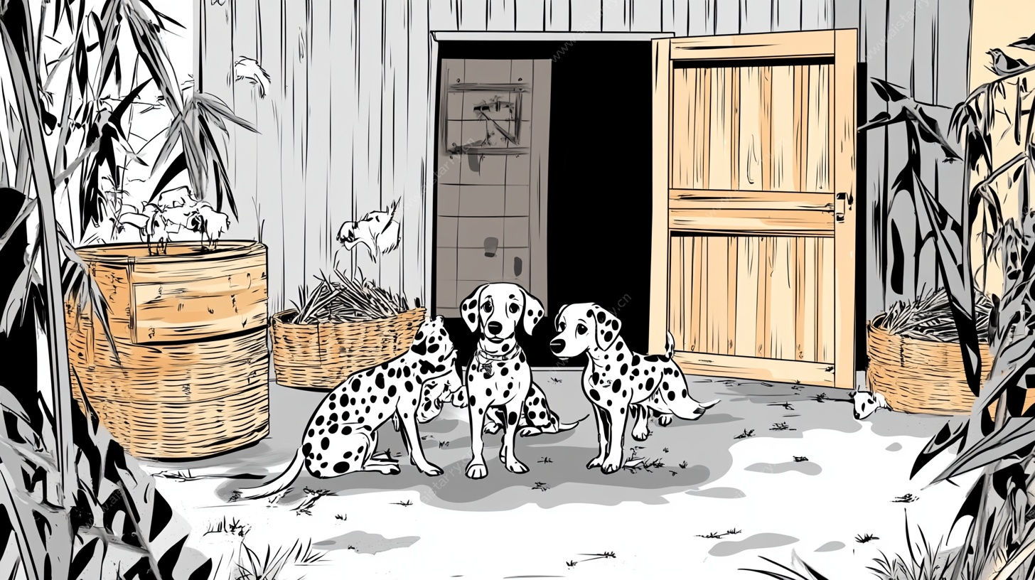 谷仓前的斑点狗与小鸡