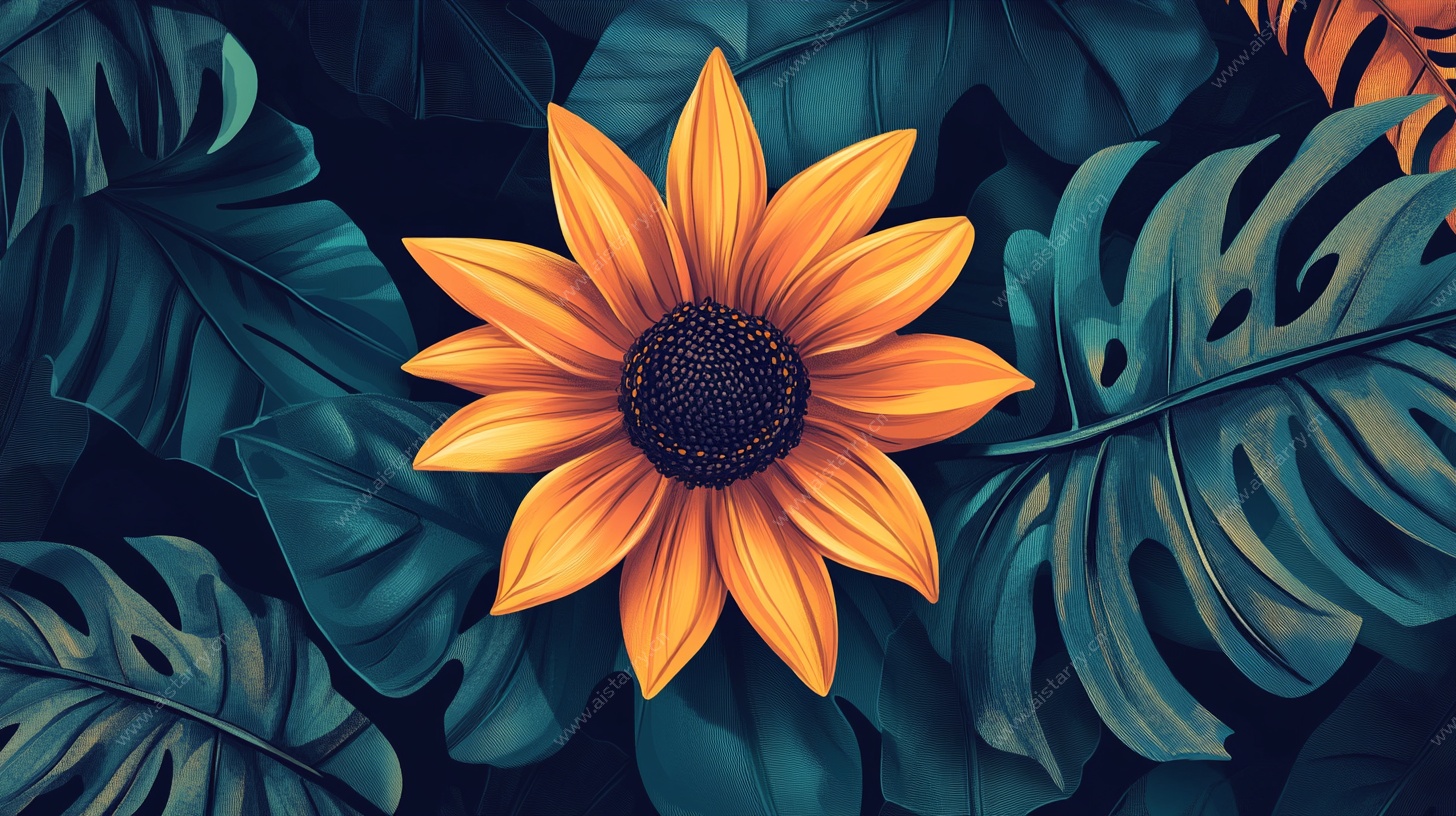 向日葵与热带叶片插画