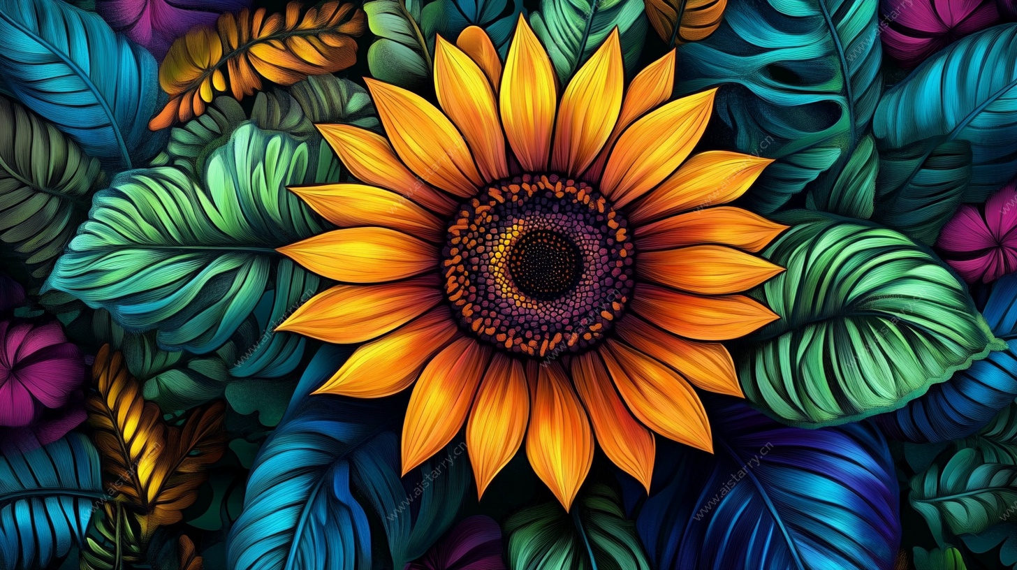 绚丽向日葵与多彩叶片图案