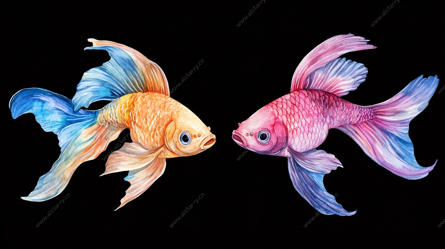 双彩金鱼水彩插画
