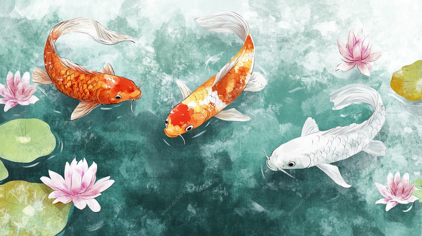 水墨锦鲤戏荷图