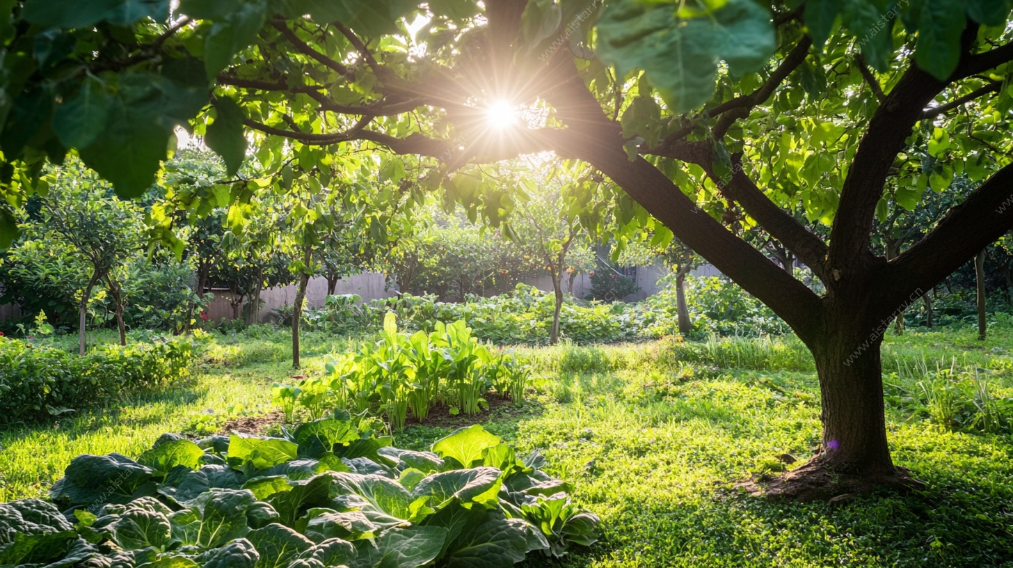 阳光照耀下的绿意盎然花园