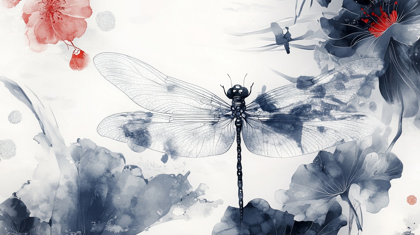 水墨蜻蜓花卉图