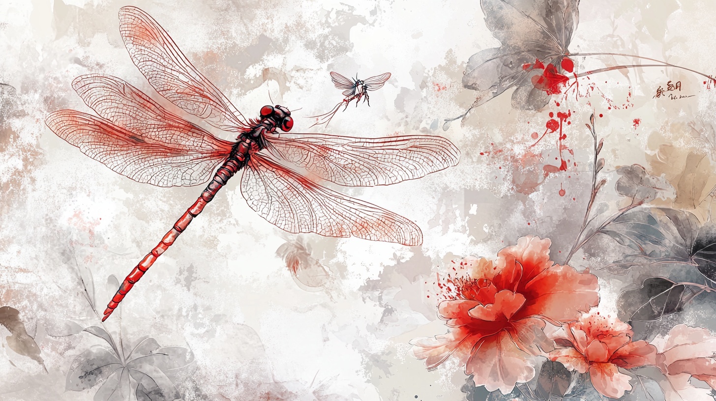 水墨风红蜻蜓花卉图