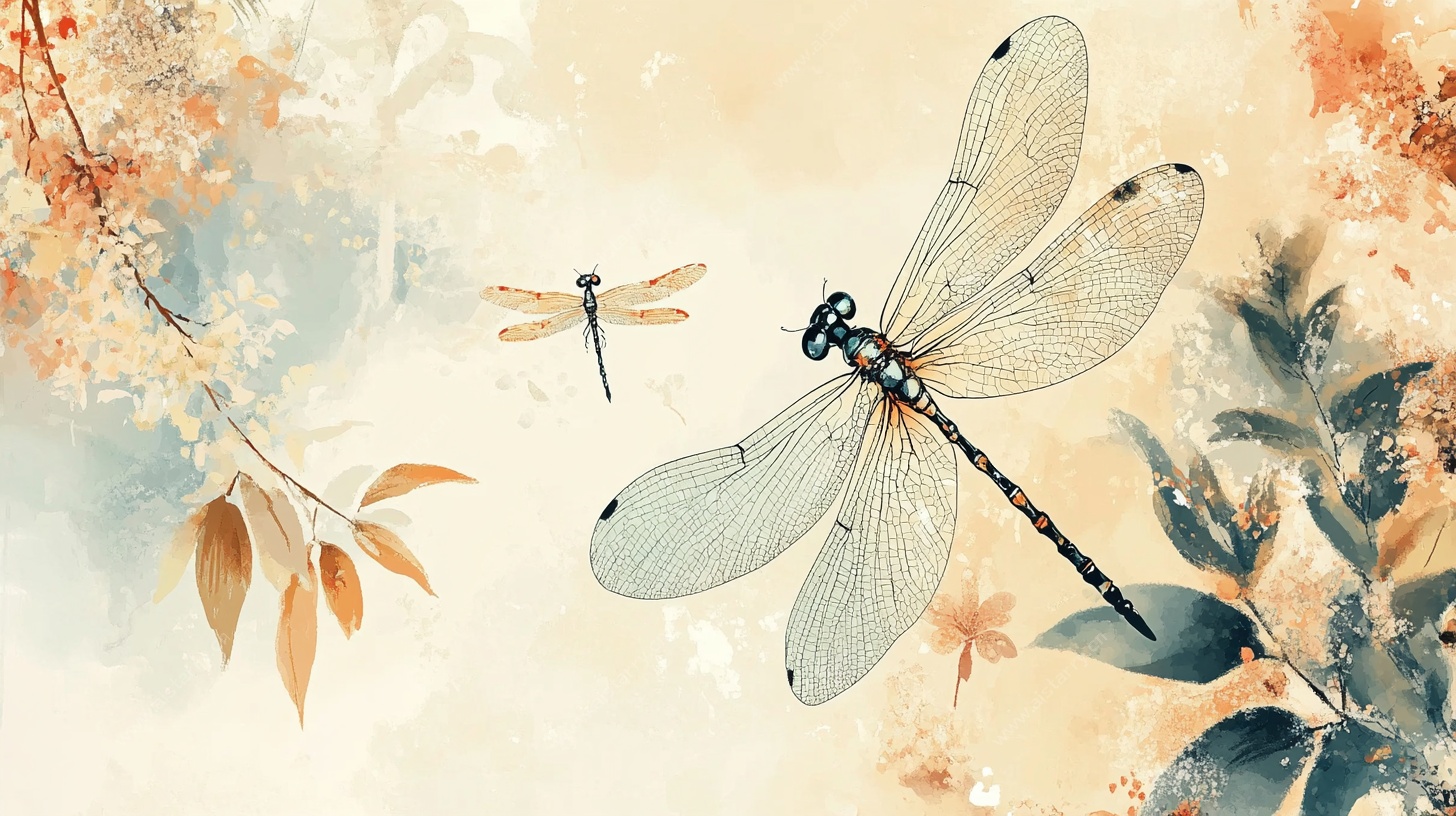 水墨风双蜻蜓花卉图