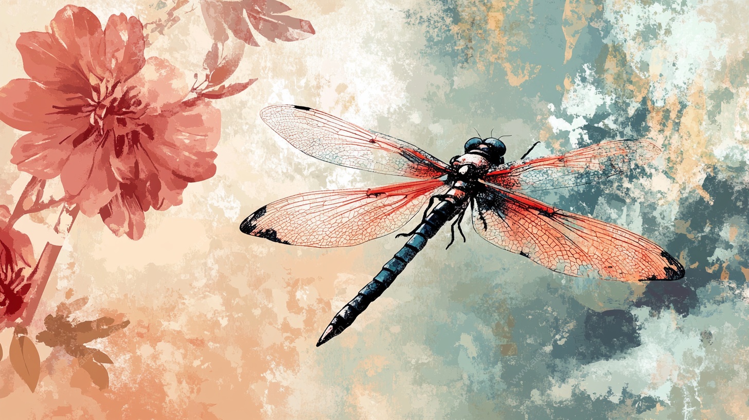 水彩风蜻蜓与花卉画作
