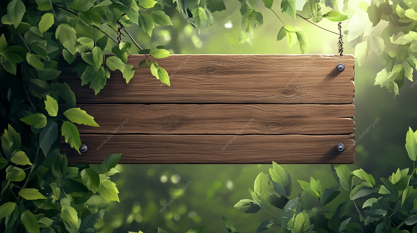 绿叶环绕的木质标牌