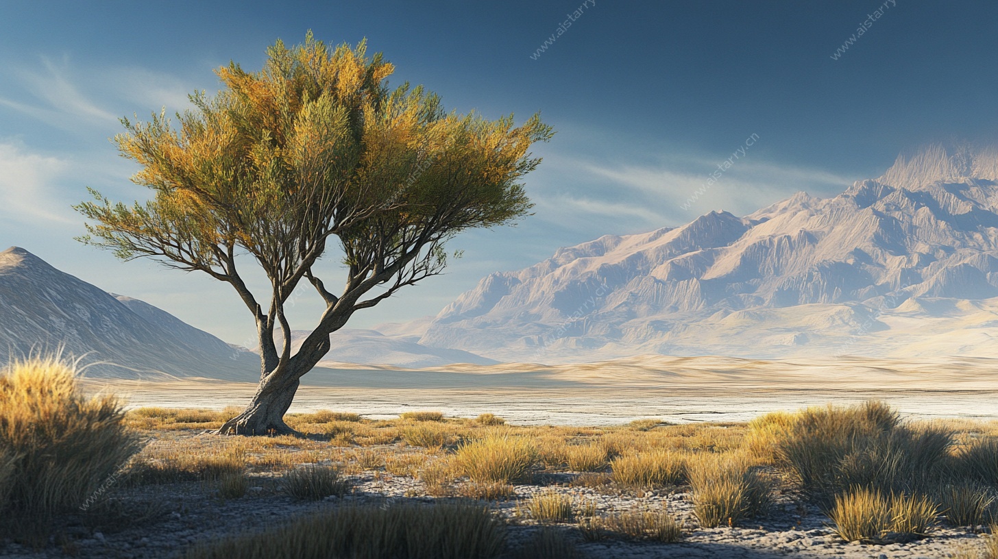 沙漠孤树旁的壮丽山景