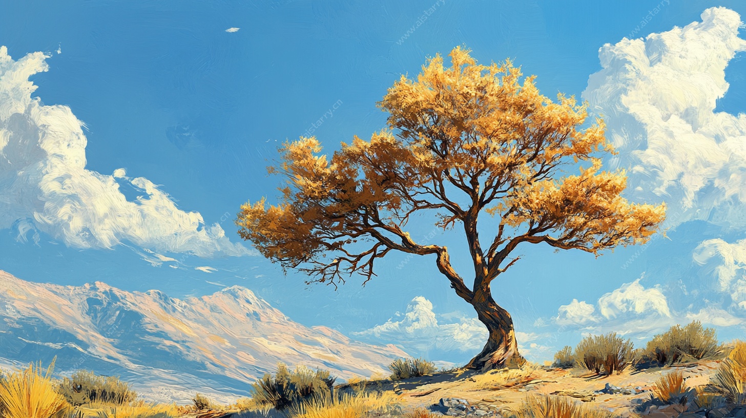 孤树屹立于旷野蓝天之下