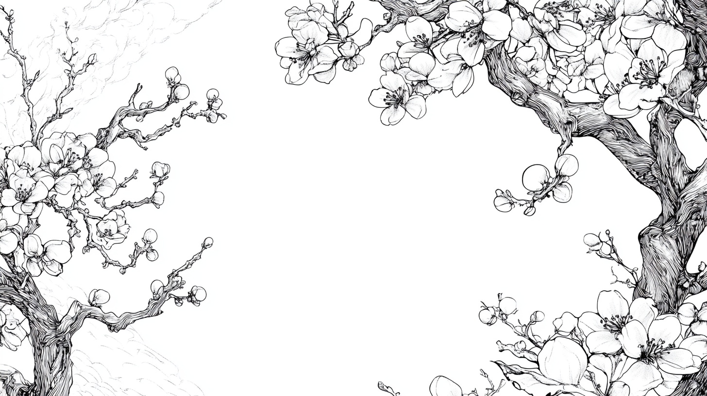 手绘梅花树枝黑白插画