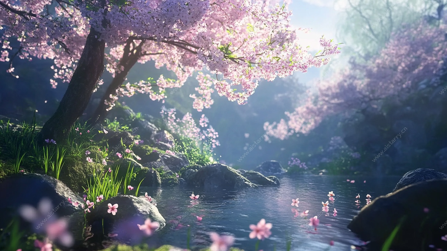 梦幻樱花溪边美景