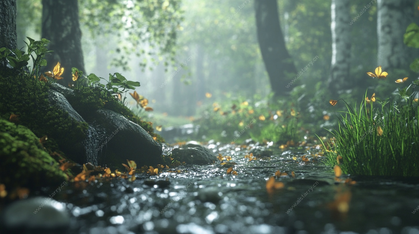 森林中的梦幻溪流景观