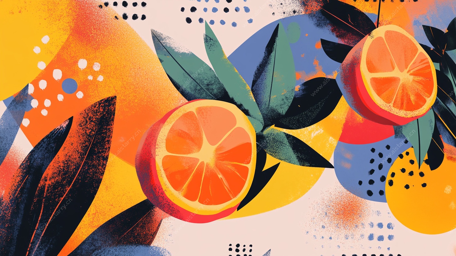 插画风橙子与植物图案