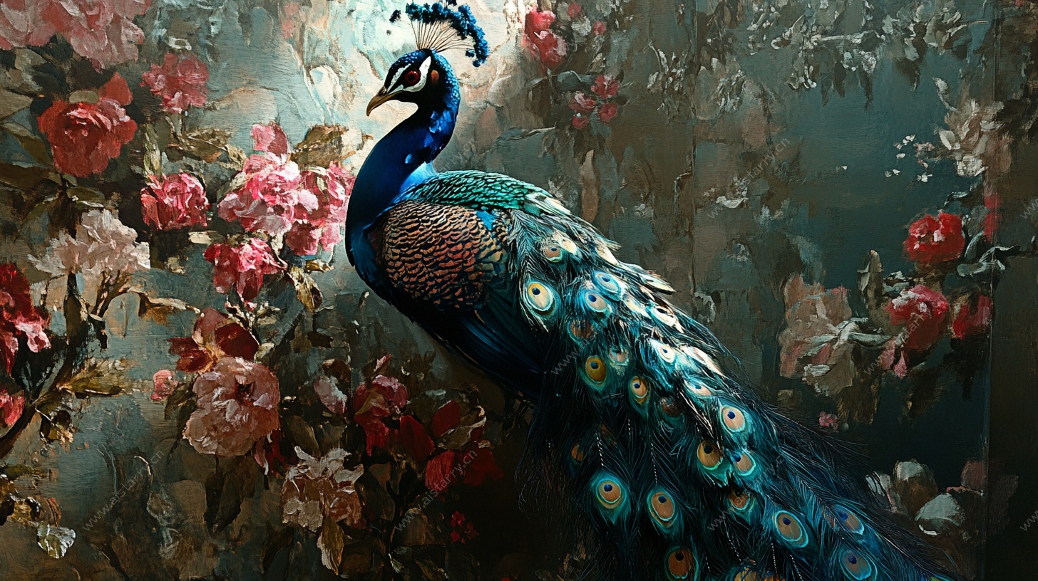孔雀栖于繁花间的梦幻景象